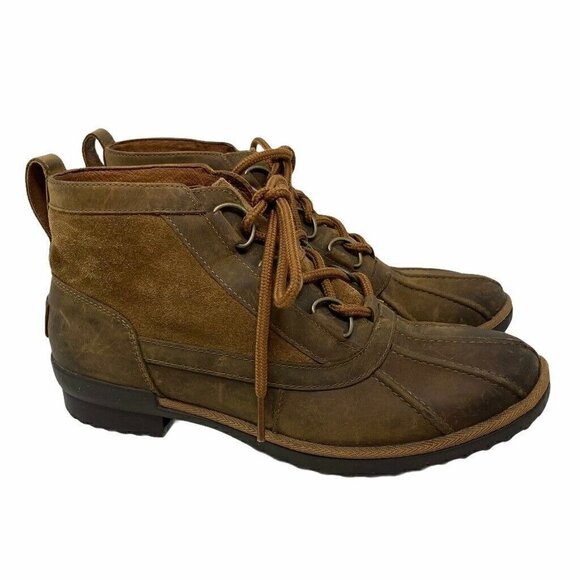 Ugg Womens Hather Ankle Boots Booties Brown Leather Low Block Heel Waterproof 9 - Picture 1 of 10